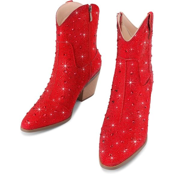 Women's Red Comfortable Rhinestone Chunky Heel Side Zipper Boots - Picture 5 of 8